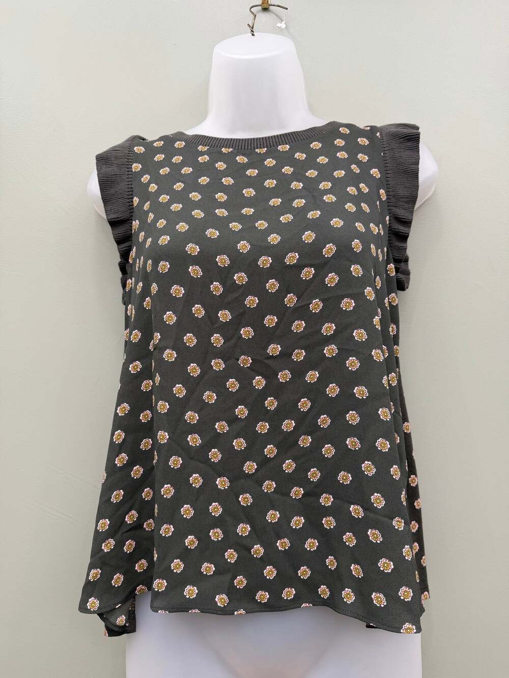 LOFT Floral Ruffle Sleeve Blouse XS Petite Charcoal Gray Ditsy Print Boho